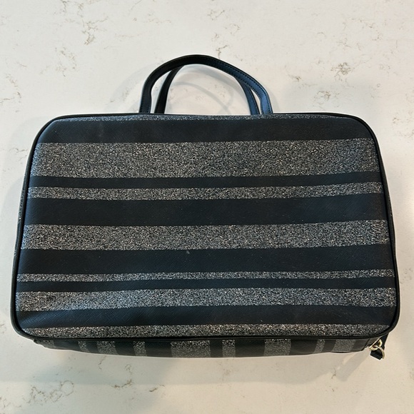 Kate Spade New York Black Silver Striped Cosmetic Travel Bag Pouch Zip Around - Picture 2 of 12